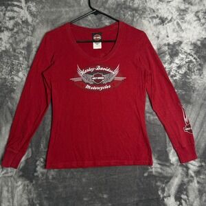 Harley-Davidson Long Sleeve T-Shirt Womens Size M Red Graphic Scoop Neck Logo